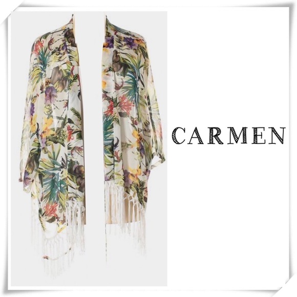 Carmen Marc Valvo Tropical Floral Kimono Tops - Picture 1 of 7